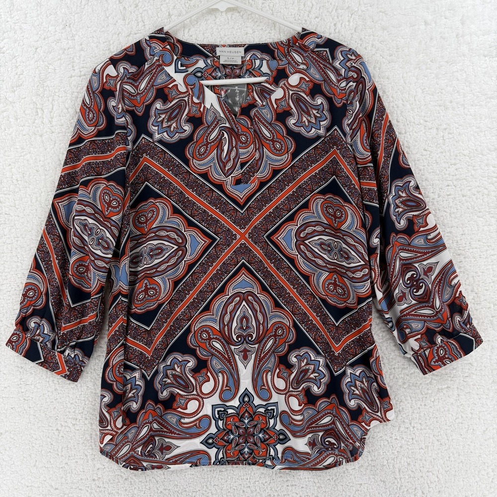 Van Heusen Blouse Womens Small Multicolor Paisley V Neck 3/4 Sleeve Top